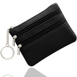 Small Coin Purse, Leather Wallet, Credit Card Purse with Three compartments, Zipper, Key Ring, Small Purse, Business Card, Mini Wallet for Women, Black, (N1-DWXG-B11E)