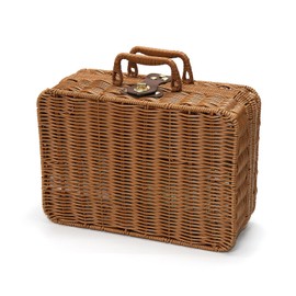 Mini Wicker Picnic Basket, Decorative Prop Suitcase Vintage Storage Hamper Makeup Organizer, 11.5" Metal Lock Plastic Rattan Storage Box with Handles for Sundries Travel Camping and Outdoor Party (L)