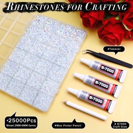 Briskbloom 25000PCS White AB Jelly Resin Rhinestones, Mixed 2MM 3MM 4MM 5MM 6MM Flatback Rhinestone for Crafts Tumblers Bags Graduation Cap Celebration Makeup Bling Decoration with B7000 Glue