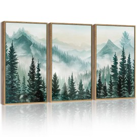 SHENIFY Fog Pine Green Tree Forest Canvas Wall Art 11x14in Framed Nordic Nature Modern Artwork Prints Decor - Natural Framed