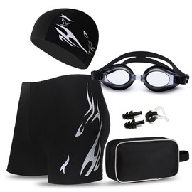 Aokesy Gafas de Natación 5 en 1, Kit de Natación Incluye Gorro de Natación, Gafas Ajustables, Auriculares, Clips para la Nariz y Bañador Corto de Natación Secado Rápido con Bolsa para Hombres, Mujeres