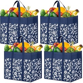 WOWBOX Reusable Grocery Bags Foldable Tote Bags Bulk with Reinforced Handles Shopping Bags for Groceries Heavy Duty Kitchen Reusable Grocery Bags with Waterproof Coating 4-Pack, Blue
