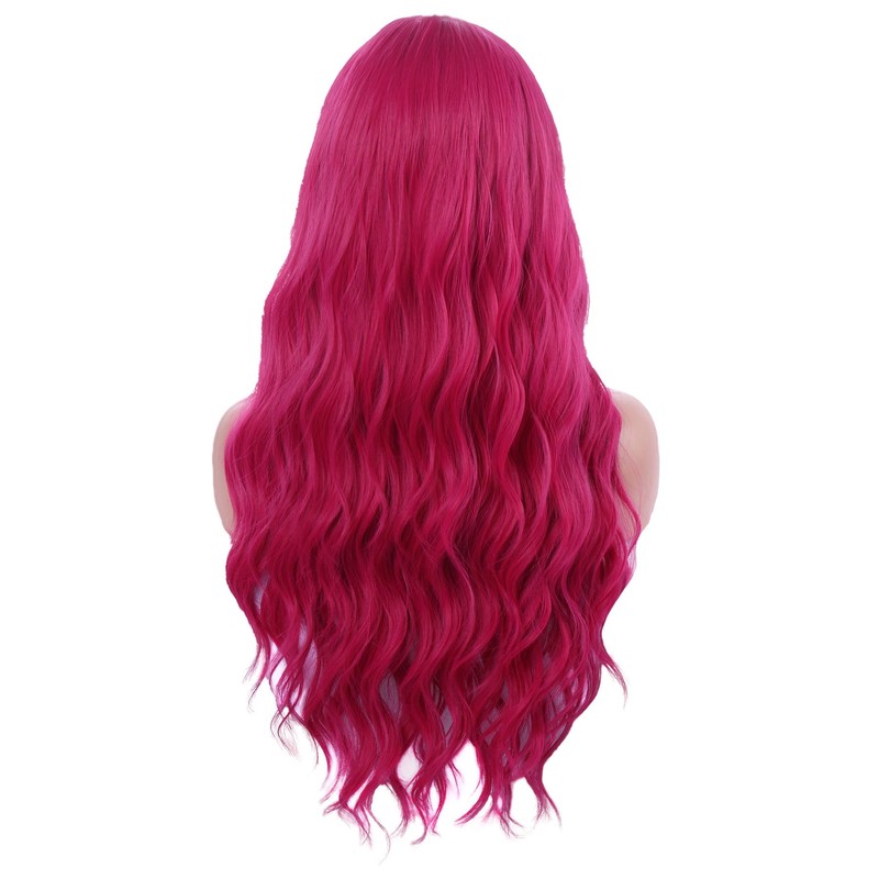 Women Hot Pink Wigs with Bangs Magenta Long Curly Wig