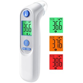 Digital Infrared Ear Thermometer for Babies, Adults & Seniors - Precise Age Detection, Colour-Coded Display, 21 x Hygiene Caps, 1 Second Measurement & Fever Alarm (White)