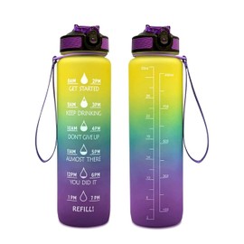 i-shopmart 32oz Large Water Bottle with Motivational Time Marker - Sport Style with Deluxe Sip-Gulp Lid, Durable Tritan Plastic, Food Grade, Dishwasher Safe, Carry Strap (Yellow-Green-Pink)