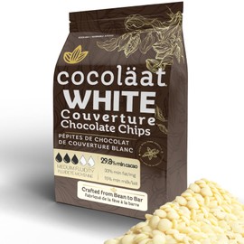 Cocoläat White Couverture Chocolate Chips | Culinary Grade for Bakers, Pastry Chefs, & Chocolatiers | 29.8% Cocoa - 33% fat | Gold Foil Resealable Pouch Perfect Holiday Gift | 12 oz