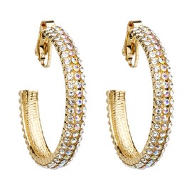 Clip On Earrings - Gold Plated Hoops With Gold And Clear Crystals - Bera