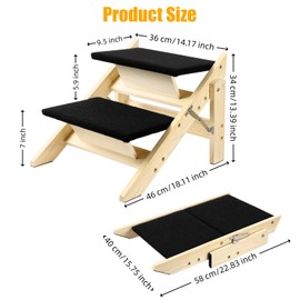 Foldable Dog Stairs/Ramp with 2 Steps - Durable Wooden Pet Stairs for Small, Medium, Large Dogs - Black (No Assembly Required)