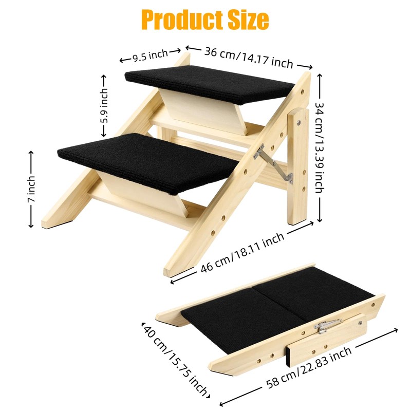 Foldable Dog Stairs/Ramp with 2 Steps - Durable Wooden Pet
