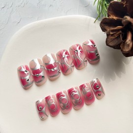 24 Pcs Square Press on Nails Medium Length Fake Nails, Glossy Glue on Nails Full Cover Acrylic Nails Silver Graffiti False Nails with Rhinestone Design Pink Artificial Nails for Women Nail Art Decor