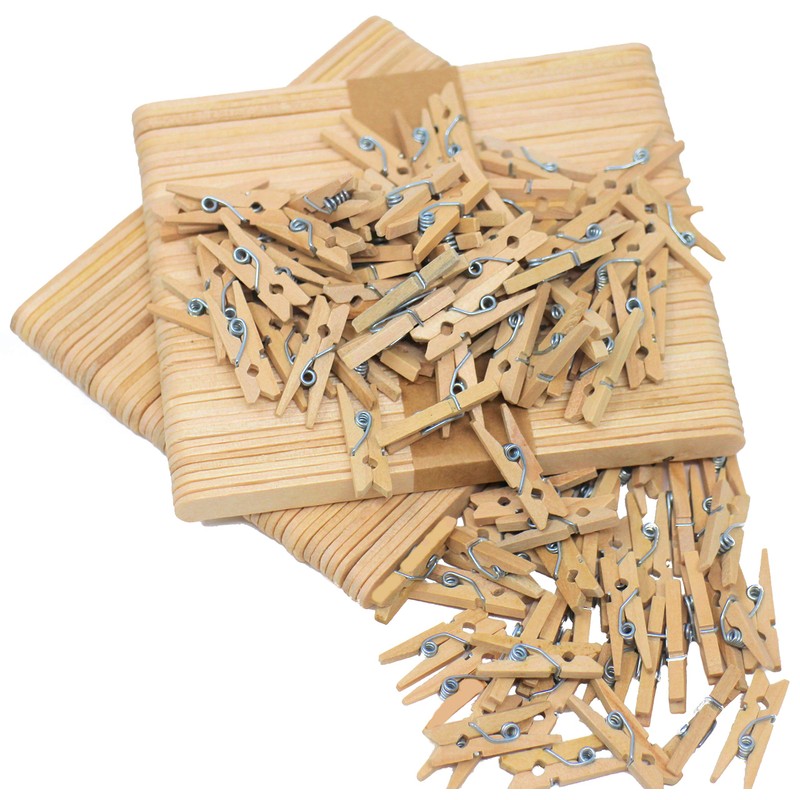 Lolly Sticks and Mini Pegs Natural Wooden 200pcs - 100