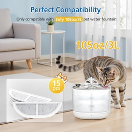 15-Pack Cat Water Fountain Filters Compatible With eufy Stainless Steel Pet Fountain 3L/105oz, Pet Water Fountain Filter with Triple Filtration System for Cats and Dogs