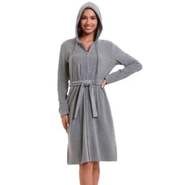 Mnamo Women's Bathrobe Hooded Zip Terry Cloth with Belt Soft Microfibre Long Sleeve Bathrobe Ideal for Home and Wellness, gray