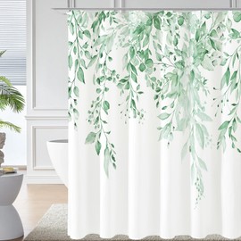 Gibelle Mint Green Eucalyptus Shower Curtain, Watercolor Plant Leaves with Floral Bathroom Shower Curtain Set with Hooks, 72x72