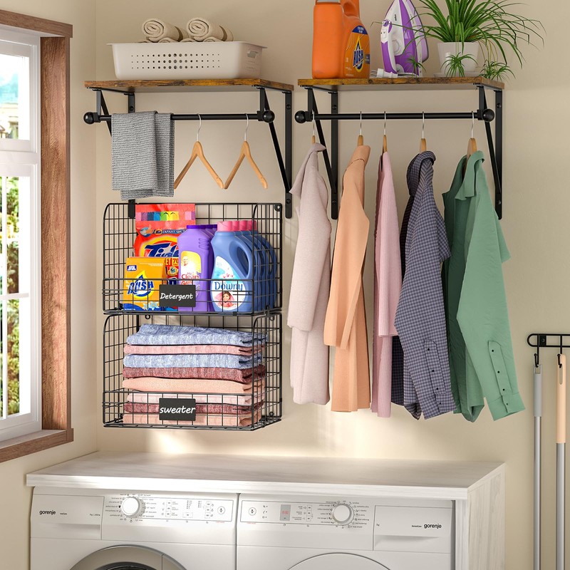 Laundry Room Shelves Wall Mounted with Wire Baskets, Over the