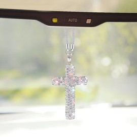 ZIMISI Bling Cross Car Hanging Ornament, Crystal Rhinestone Car Rearview Mirror Pendant for Women, Diamond Rear View Mirror Charm Present, Universal Vehicle Interior Decoration Accessory (White)