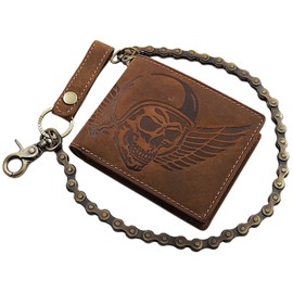 myledershop Echt Büffel-Vollleder Geldbörse/Geldbeutel/Portemonnaie/Portmonee in Hoch- oder Querformat mit Metallkette und Totenkopf-Motiv mit RFID & NFC Schutz in Braun (Modell 2 / Querformat)