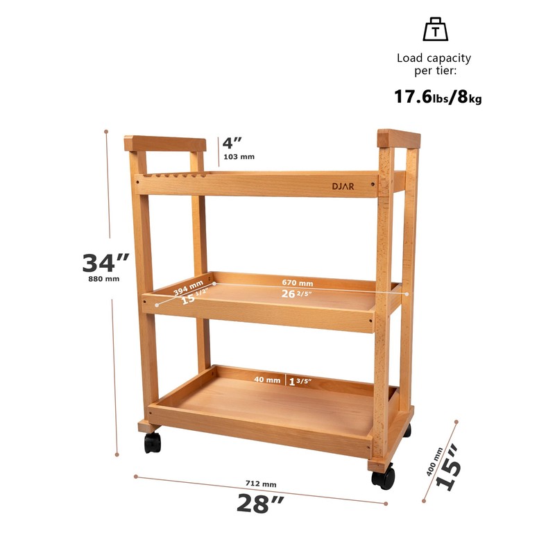 DJAR Rolling Art Supplies Cart, Solid Beech Wood Art Supply