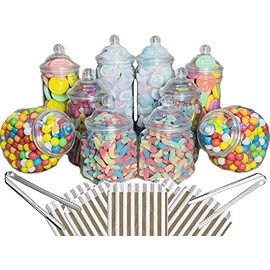 Truly Sweet Candy 10 Plastic Sweet Jars, 5 styles, 2 tongs, 50 bags Buffet (Gold)