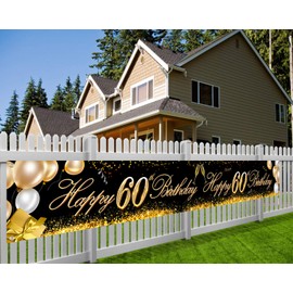 HOWAF Super Large Happy 60th Birthday Banner for 60th Birthday Party Decoration Black and Gold, 60th Birthday Fabric Photo Booth Backdrop Background Banner for Garden Table Wall Decoration, 9*1.2 Feet