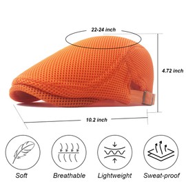 meioro Mens Summer Flat Cap Mesh Breathable Newsboy Hat Adjustable Beret Ivy Cap Cabbie Driving Hats（Orange）