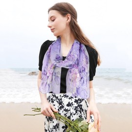 E-Clover Herebuy - Unique Women's Floral Scarves: Chiffon Flowers & Birds Printed Scarf Wedding Party Shawl Wrap Dating Gift Purple Yellow Mothers Day Gift