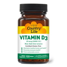 Country Life Vitamin D3, Non-Fish 1000 IU, 100 Softgels, Certified Gluten Free
