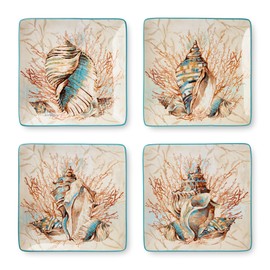 Escape to the Sea 10.5-Inch Dinner Plates, Set of 4, Coastal Seashell & Coral Design, Durable Ceramic, Microwave & Dishwasher Safe, Ocean-Inspired Tableware for Indoor & Outdoor Dining