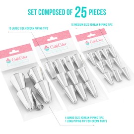 CukkiCakes Advance Set of 25 Professional Piping Nozzles (M, L and XL Sizes) Piping Tips for Decorating Cakes, Cupcakes, Icing Compatible with Pastry Bag - Made in Korea