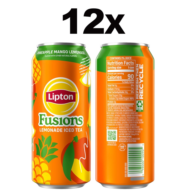 Lipton Fusions, Pineapple Mango Lemonade Iced Tea, 16 Fl Oz
