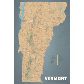Vermont State Wall Map 36x54 Poster (Tan & Slate Blue | Jumbo Size)