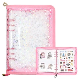 Ruatu Sticker Storage Organizer Binder A5 Sticker Collecting Book Reusable Zipper Album with Clear Laser Star Cover and Pocket Pages (Pink)