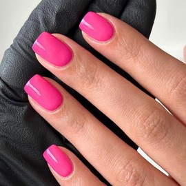 Light Pink Press on Nails Short Square Fake Nails Solid Color False Nails with Full Cover Stick on Nails Glossy Glue on Nails Rose Red Acrylic Nails Cute Artificial Nails for Women DIY Manicure 24Pcs