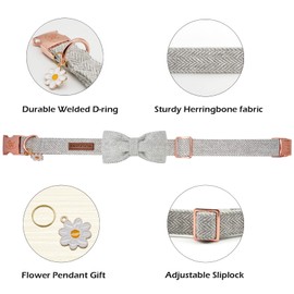 Elegant Little Tail Dog Collar with Bow - Herringbone Grey, Durable for Medium Dogs