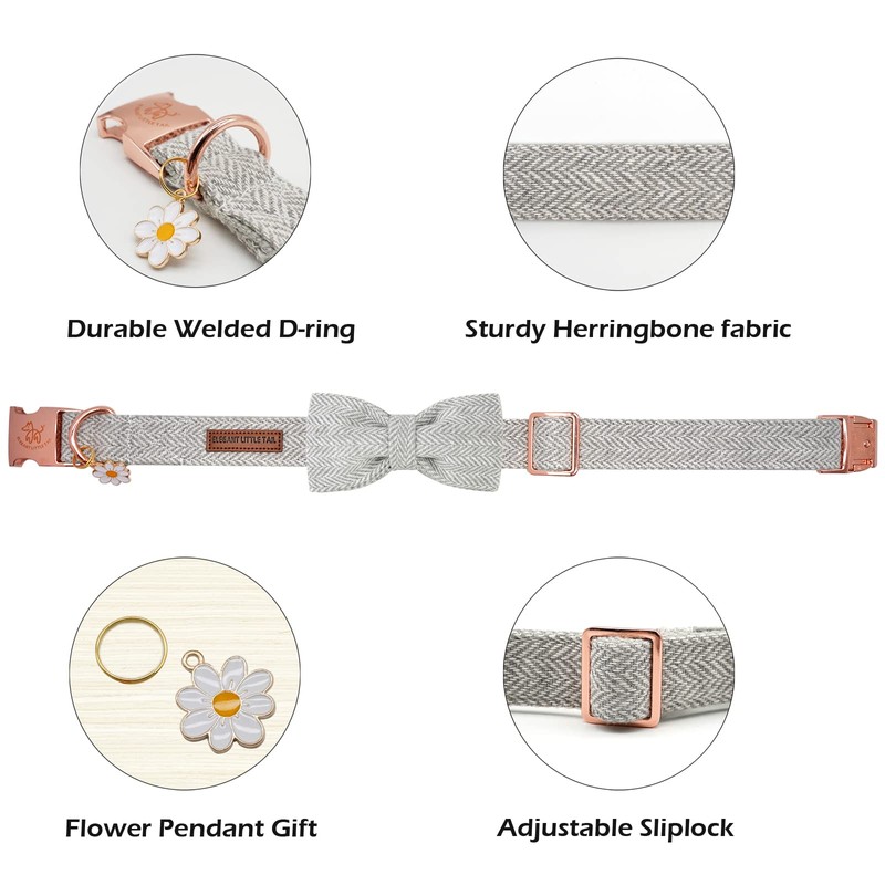 Elegant Little Tail Dog Collar with Bow - Herringbone Grey,
