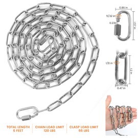 6 Feet Chain for Chandelier Silver, 120 Pounds Pendant Light Fixture Chain with Carabiners, 1/8 Inch Thick Adjustable Extra Chain for Lamp Ceiling Swag Lighting, Plant, Fruit Basket Decorative Hanging