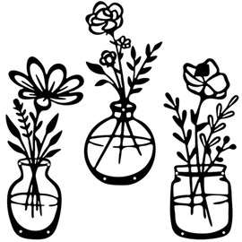 GUASDIE 3-Piece Black Metal Flowers Wall Art Decor Minimalist Vase Wall Art Metal Wall Sculptures Home Decor Floral Camellia Daisy for Indoor Kitchen Bathroom Bedroom Living Room,11.8x7 inches,Set B