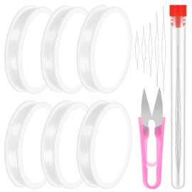 Swpeet 12Pcs 45mm 60mm 75mm 100mm 125mm Beading Needles and 6 Rolls Elastic Stretch Thread Set, Big Eye Beading Needles Clear Stretch Cord Thread for Jewelry Bracelet Necklace Making Wire