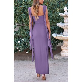 PRETTYGARDEN Women's Summer Long Formal Wedding Guest Dress Sleeveless Ruffle Cocktail Party Maxi Bodycon Dresses (Dusty Violet,Small)