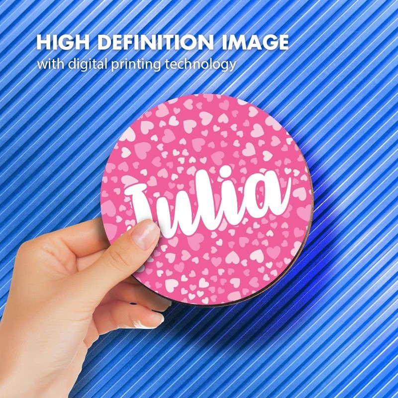 1 x Round Coaster - Name Julia Pink Hearts Love