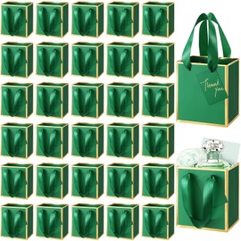 Yeaqee 50 Pcs Mini Gift Bags Tiny Small Metallic Foil Paper Gift Bag with Handle 4x2.75x4.5'' Gift Bag with Tag for Wedding Graduation Baby Shower(Dark Green,gold)