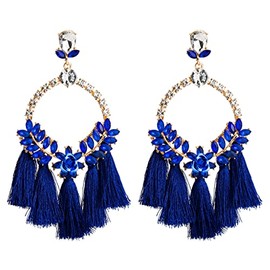 Flower Leaf Tassel Earrings, Flower Leaf Cluster Dangle Earrings for Women, Bohemian Blooming Flower Statement Fringe Earrings for Girls, Hoop Flower Drop Earrings Boho Jewelry(Blue)
