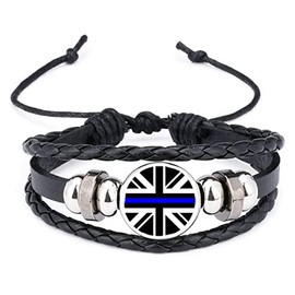 Thin Blue Line Military Black Leather Bracelet And Velvet Gift Bag
