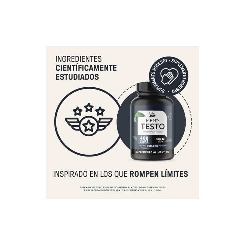LIFE 360+ Mens Testo L-Arginina Maca Negra Roja y Amarilla