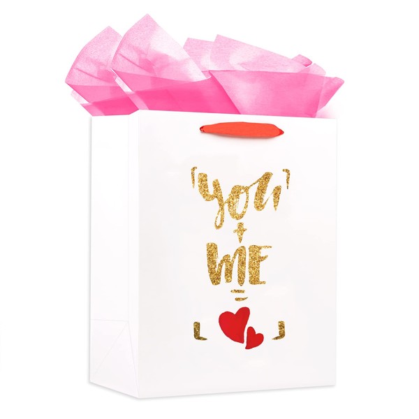 WaaHome You and Me Valentines Gift Bag with Handle 13''x10.5''x5.8'' Large Valentines Day Gift Bags with Tissue Paper for Her Him Girlfriend Boyfriend Wife Husband Women, Gift Bags for Valentines Anniversary Wedding Bridal Showers