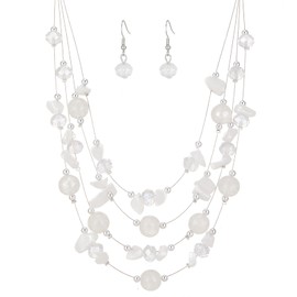 Layered Chunky Statement Necklace for Women Colorful Boho Beaded Necklaces and Earring Set Fashion Costume Jewelry for Women(54-White)