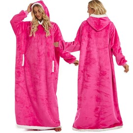 FEELJAM Blanket with Sleeves and Hood Hoodie Blanket Adult Sleeve Blanket Soft Warm Cuddly Blanket with Sleeves (Pink, 180 Long)