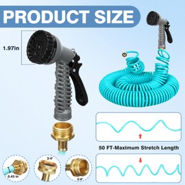 HEYTIMI 50 FT 3/8" Lightweight Coiled Garden Hose EVA Flexible with 7 Function Nozzles and Brass Connectors for Garden Watering Plants Greenhouses Patios Lake Blue