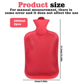 Pack of 2 Hot Water Bottles, Hot Water Bottle Without Cover, Natural Rubber Bed Bottle, Safe and Durable, Large, 2 L, Gift for Children and Adults (Red)