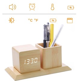 ThreeH Wooden Digital Alarm Clock, Pen Holder, LED Time Display, 3 Alarm Settings, Sound Control, Clock with 3 Brightness Levels, Yellow